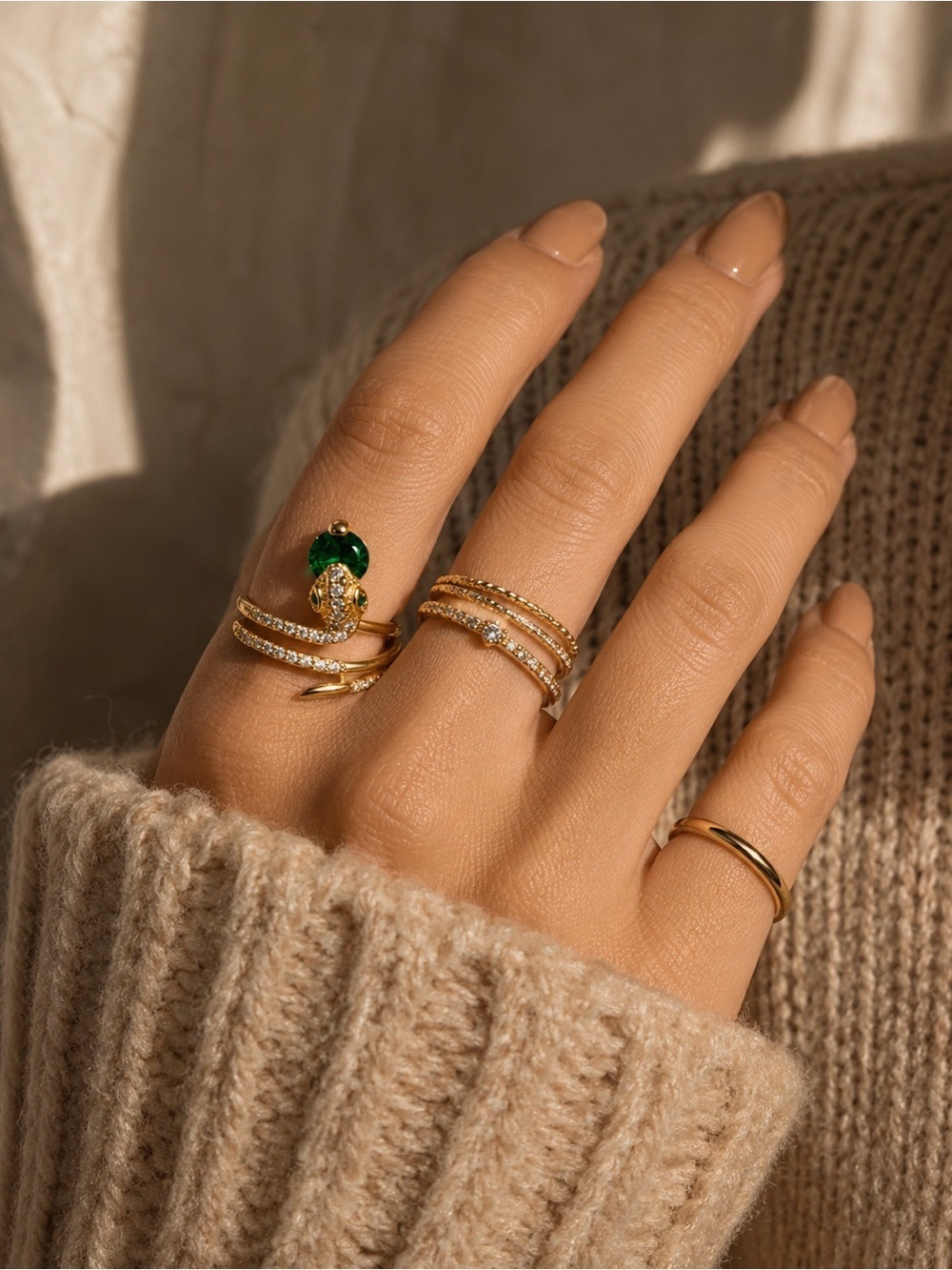 Gold Tone Snake Ring with Emerald Green Gem - Picture 5 of 8